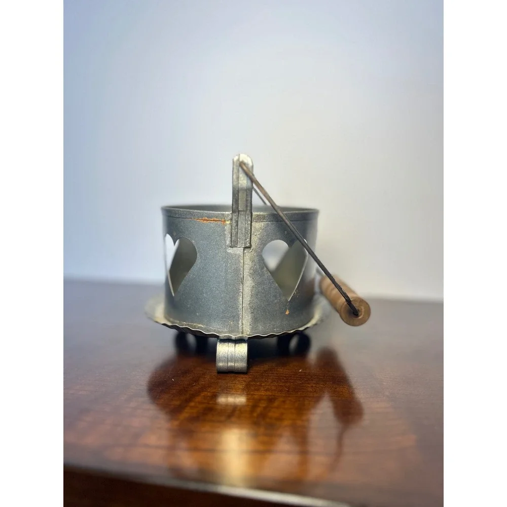 Vintage Galvanized Metal Heart Cutout Candle Holder Rustic Primitive Wood Handle